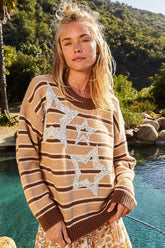 POL Star Patch Stripe Round Neck Sweater Brown Stripe OutfitFlow